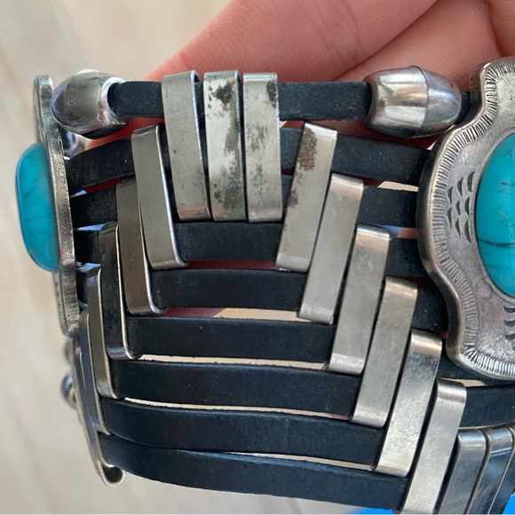 Vintage Leather Turquoise Concho Belt Size M Silver Black Blue Cowgirl Statement - Picture 4 of 8